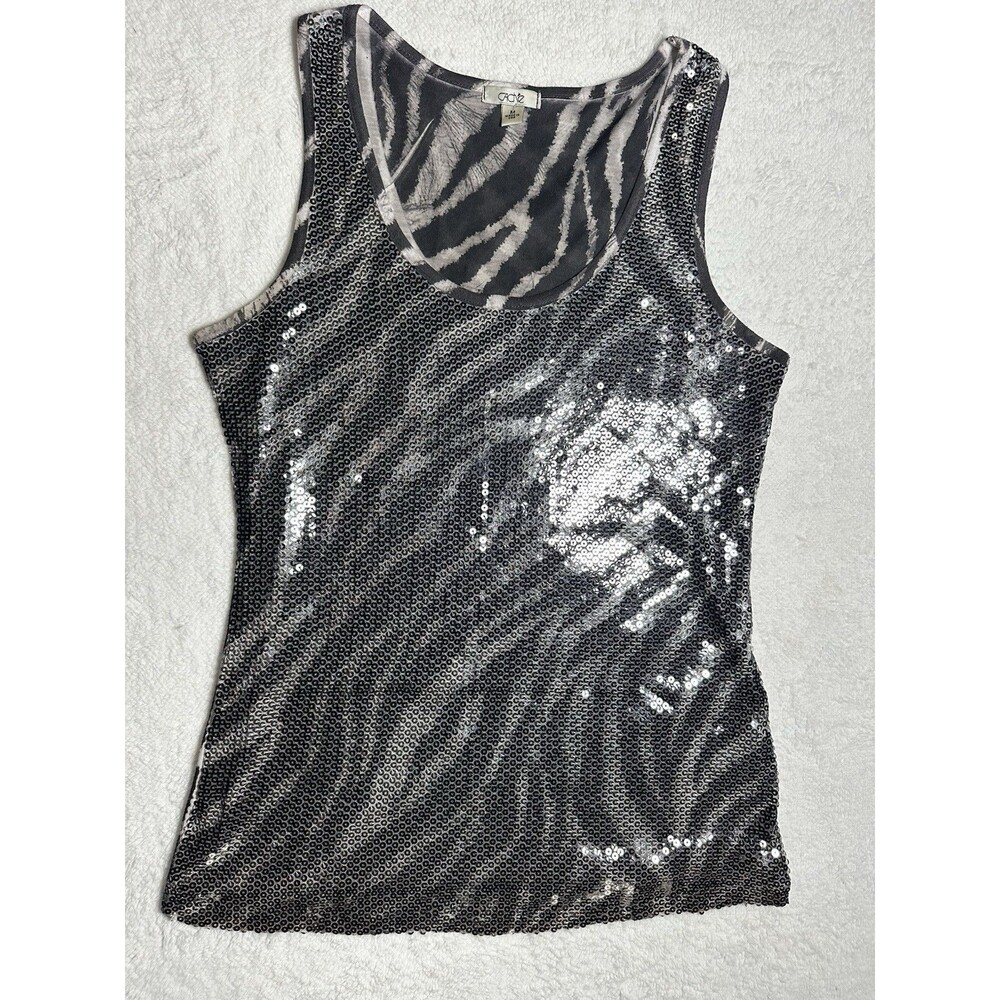 Cache Top Medium Gray Black Sequin Zebra Print USA Made Sleeveless